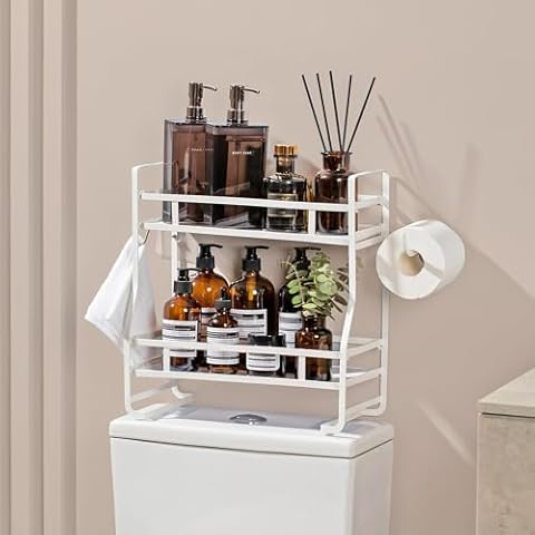 Marmolux Double Over Toilet Storage Shelf - Screwless Assembly Back Of Toilet Organizer - Over Toilet Shelving - Toilet Shelf Space-Saving Design - White Marble Finish - Over Toilet Bathroom Organizer Cover