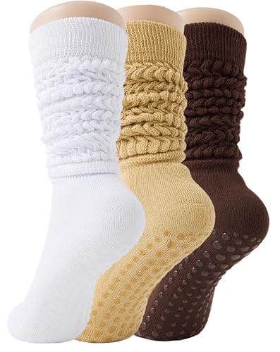 Yawlsow Slouchy Pilates Socks with Grips for Women Scrunch Yoga Grippy Non Slip Long Socks for Barre Workout Hospital