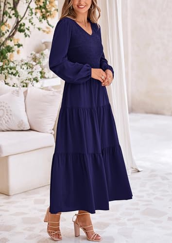 Image of PRETTYGARDEN Fall Dresses for Women 2025 Casual Long Sleeve V Neck Smocked A Line Long Flowy Wedding Guest Dress (Navy,Medium)