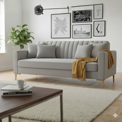 Image of 3 Seater Velum Fabric Sofa Set for Living Room, Modern Design with High Density Foam, Solid Wood Frame, Ergonomic Comfortable Seating for Home & Office (Light Grey, 3 Seater) | Soft foam comfort, Strong wood frame
