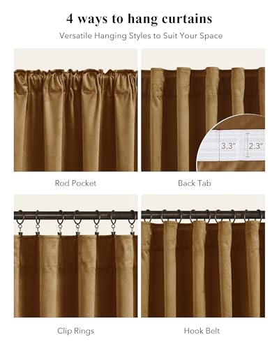 Image of Gold Brown Velvet Curtains for Living Room Boho, W52 x L63, 2 Panels | 300GSM Soft Velvet Drapes, Thermal Insulated, Window Back Tab Luxury Privacy Home Decor, Room Darkening, Blackout, Bedroom