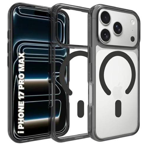 Image of RIGGEAR Shockproof Clear Hybrid Armor Magnetic Back Cover Case Compatible with MagSafe Accessories for iPhone 17 Pro Max (Clear-Black TPU Bumper + Transparent PC)(Black MagRing)