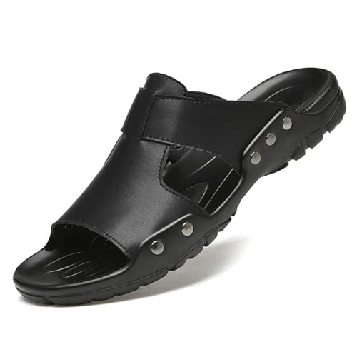 Men's Leather Flat Slides Sandals Round Open Toe Lightweight Non Slip Slip-On Sandals for Summer Beach Outdoor Vacation