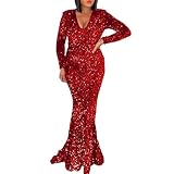 New Women's Sequin Sexy Fishtail Long Dress Train V-Neck Evening Dress (red,Large)