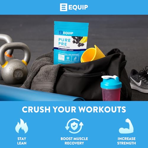 Image of Equip Foods Pure Pre All Natural Pre-Workout Powder | Caffeine Free, EAA, Vitamin C, B6, B12, L-carnitine, Agnine | Naturally Boosts Workouts | 30 Servings, BlackBerry Lemon Decaffeinated