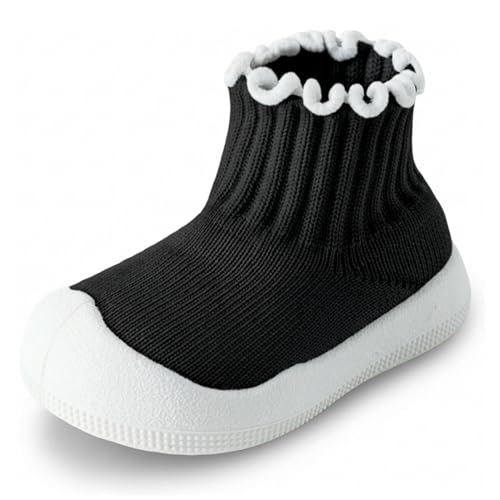 EUFANCE Baby Girl Sock Shoes Toddler Ruffle Walking Shoes Infant Non-Slip Slippers Soft Rubber Sole Sneakers Lightweight Breathable Barefoot Shoes Black