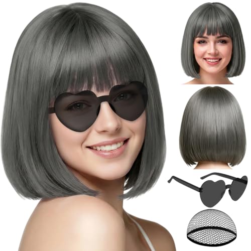 Image of PLULON Dark Gray Short Bob Wig with Bangs for Women, Colorful Neon Short Bob Synthetic Hair Wigs with Hair Cap Heart Sunglasses for Adults Daily Bachelorette Halloween Costume Party Supplies