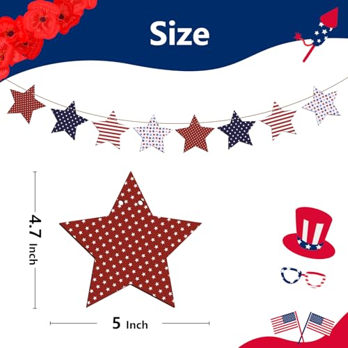 Image of 4th of July Decorations Wooden Red Blue and White Star Patriotic Garland Pre-Assembled Hanging Independence Day, Memorial Day, Veterans Day Banner for Mantle, Fireplace, Wall, Party Supplies