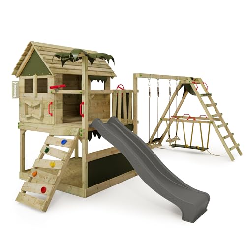 Fatmoose Aire de Jeux Portique Bois TikaTaka avec balançoire SurfSwing et Toboggan Anthracite, Cabane Enfant Exterieur avec bac à Sable, échelle d'escalade...