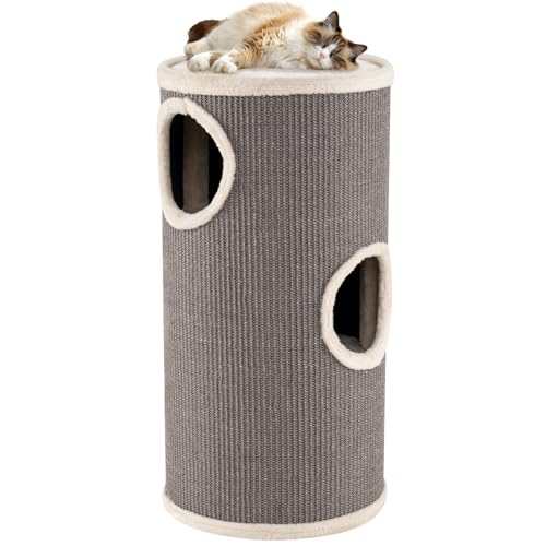 SOARS Kratztonne für Katzen, 70 cm Katzentonne mit 3 Höhlen, Liegefläche und Sisalkratzfläche, Kratzbaum, Katzenkratzbaum, Katzenturm, Grau