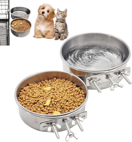 Kathson 2 Stück Hundekiste Schüssel Edelstahl Welpen Schalen Durable Spill-Proof Pet Wassernapf Hanging Wasser/Futter Metallschalen für Welpen mittelgroße Hunde Katzen (5.51 'x 2,2')