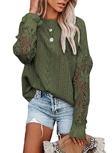Image of Dokotoo Womens Crewneck Crochet Lace Long Sleeve Hollow Out Cable Knit Sweaters Pullover Tops
