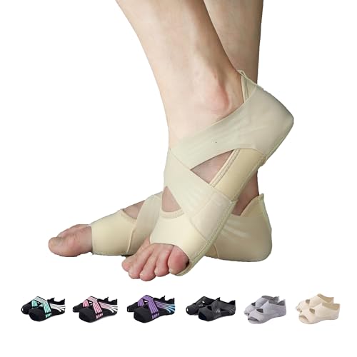 Image of ABIRAM Yoga Socks Toeless Non-Slip Grips & Straps, for Pilates, Barre, Ballet, Bikram, Workout for Women