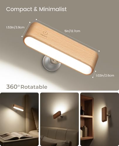 Image of Wood LED Wall Sconce, Magnetic 360 Rotatable Wall Mounted Night Light & Reading Light, Small Rechargeable Battery Powered Bedside Wall Lamp for Bedroom, Living Room, Beech Wood
