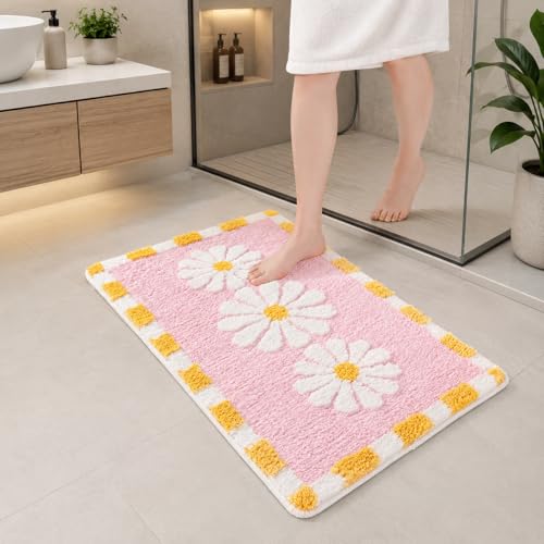 Image of Home Decor Multicolor Anti Skid Bath Mat for Bathroom, Anti Slip Bath mat, Non Slip Bath mat Door mat for Bathroom, Living Room Kitchen Bedroom (Pink & White F;ower)