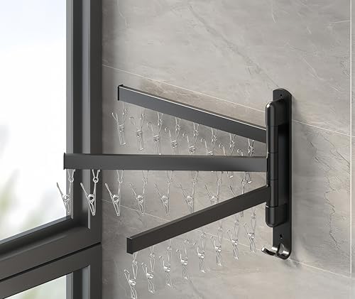 Space-Saving Wall-Mounted Rotary Clothes Drying Rack - Collapsible Laundry Organizer, Punch-Free Install, Holds Up to 220lbs for Bathroom, Patio & Laundry Room (White, 2 Shots, Horizontal Bar)