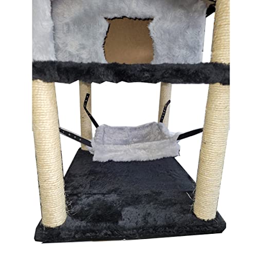 Casinha Com Rede Para Gato Com Arranhador E Bolinhas - Cinza Com Preto