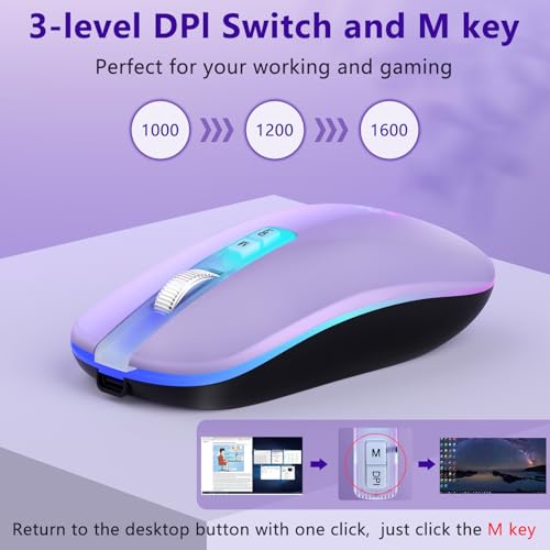 Image of KARFUN Wireless Mouse, Backlit LED Portable Slim Computer Mouses for Laptop, PC, Computer, MacBook, iPad, Chromebook, Notebook, 2.4G Rechargeable Wireless Mouse (Light Purple) | 7-Color LED 3 DPI Silent Click, 2.4G Rechargeable Slim Backlit Mouse, Ergonomic for Laptop,MacBook,iPad,Chromebook Office
