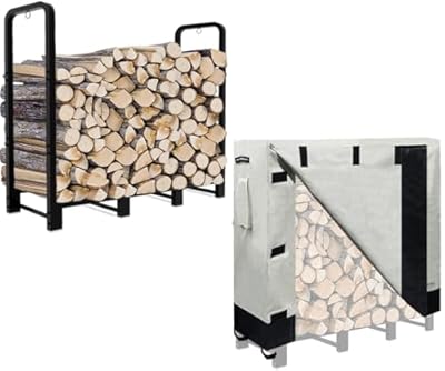 Artibear 4FT Outdoor Firewood Rack with Cover, Upgraded Adjustable Heavy Duty Logs Stand Stacker Holder for Fireplace, Bright Black