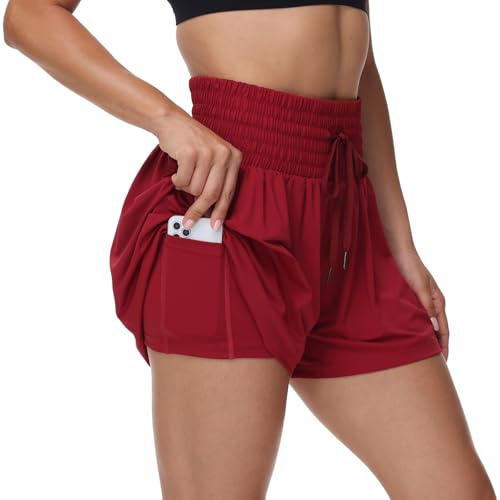 Womens Flowy Athletic Shorts Gym Yoga Workout Running Sport Sweat Skort Golf Tennis Butterfly Skirt High Waisted with Pocket Cute Comfy Lounge Pants Trendy Clothes Casual Summer Outfits Burgundy L