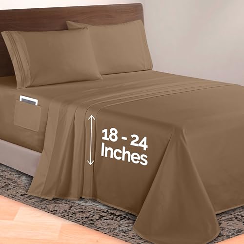 Image of Elegant Comfort Luxurious 1500 Premium Hotel Quality Microfiber 4-Piece Sheet Set, 18-24 Inches Deep - Extra Deep Pocket Sheets - Ultra Soft 4PC Deep Pocket Sheets, Full, Taupe