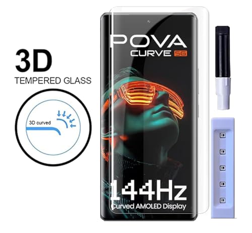 Image of FabeKee UV Tempered Glass Screen Protector Guard Compatible For Tecno Pova Curve 5G (6.78 Inch, Pack of 1) Full Adhesive UV Curved Case Friendly HD+ Clarity with easy installation kit