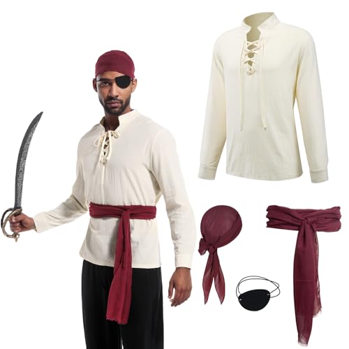 TSIRNK 4 Stück Piratenkostüm Herren,Piraten Kostüm Männer Mittelalter Renaissance Hemd mit Pirate Accessories für Halloween Karneval Party...