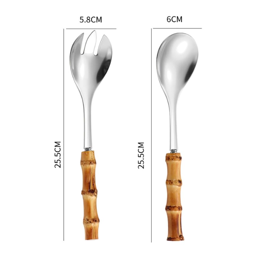 Juego de 4 cucharas y tenedores de ensalada, cuchara de servir de mango largo, tenedor, mango de madera de bambú, vajilla de cocina de acero inoxidable para mezclar frutas, pasta, ensalada, juego de