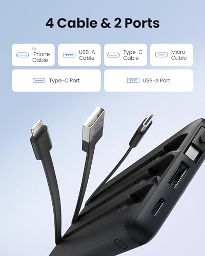Portable Charger with Built in Cables, Slim 10000mAh Power Bank with USB C, External Battery Pack 5 Outputs 2 Inputs LED Display Compatible with iPhone/Android & More (Black) - Image 3