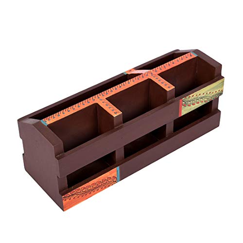 Image of AAKRITI ART CREATIONS Wooden Madhubani Brown Handcrafted Desk Organizer Pen & Card Holder