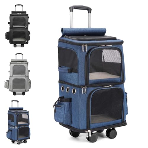 SJGEIDM 猫 キャリーバッグ 2匹用 ペット バック 2層 2匹 猫 多頭飼い ボストン 動物 カート 猫 2匹 用 カート折りたたみ 猫犬中型2匹用 カート折りたたみ 4輪 多頭 通気口ポータブルケージ 360度回転 持ち手付き 変形しない散歩出か