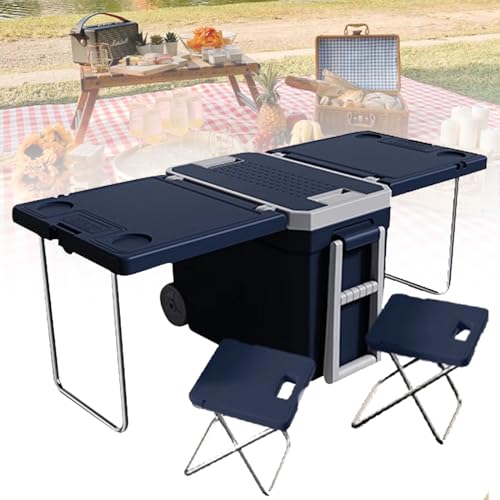 Enfriador rodante y carrito plegable con mesa mejorada y 2 sillas para picnics al aire libre y camping, portátil y no necesita electricidad