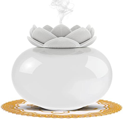 Essential Oil Diffusers Ceramic Diffuser: WinDawn Small Aromatherapy Defusers for Bedroom Home Office, Cute Lotus Decorative, Auto Shut-Off 7 Colors LED Night Light - White