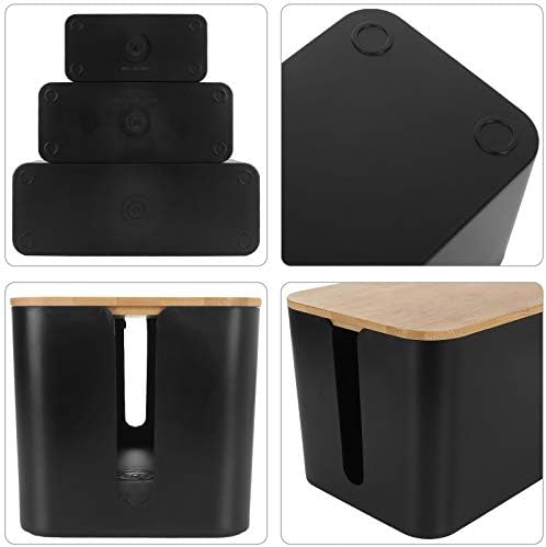 SENENQU 3pcs Black Cable Tidy Box, Large Desk Cable Management Box, Cord Wire Organiser Box with Wooden Lid for Home Office - Large | Medium | Small