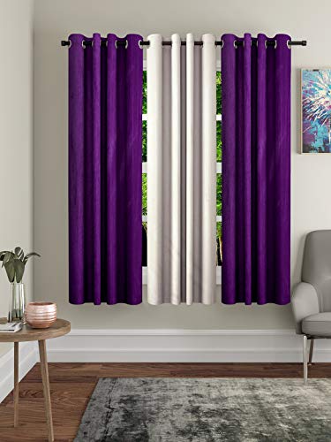 Image of Home Sizzler Polyester 3 Piece Window Curtain Set, 5 feet (2 Purple, 1 Cream)