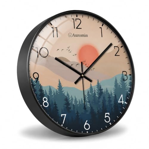 Image of Auromin Wall Clock for Living Room Stylish - Decorative Forest Design Modern Wall Clock for Bedroom, Hall, Office | Silent Non-Ticking Analog Clock | Round Glass Battery Operated Clock