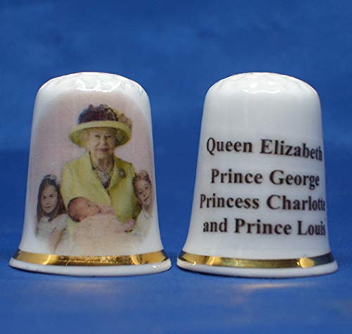 Porcelain China Collectible Thimble H M Queen Elizabeth and George, Louis, Charlotte