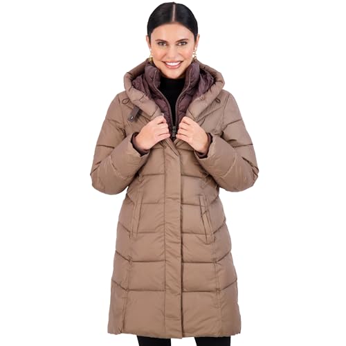 Jones NY - Chaqueta acolchada con capucha para mujer con cuello de almohada, abrigo de invierno para mujer, color negro, bronce, Large