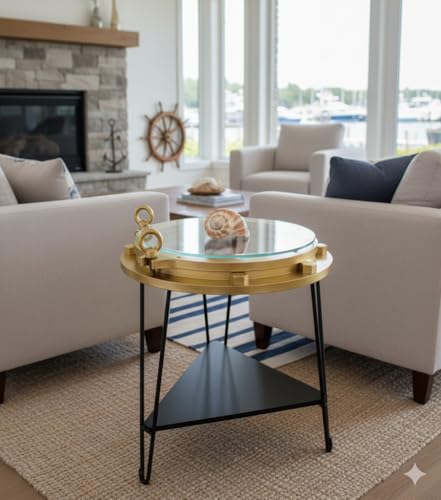 DRH - Nautical Wood Ship Porthole Table - Gold Color with Black Metal Legs - Round Accent Table for Beach House and Boats - Coastal Theme - Perfect as Coffee Table and End Table