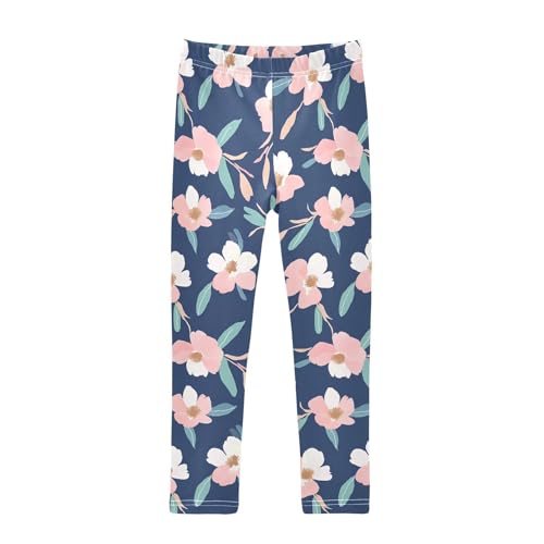 ALAZA Girls' Leggings Children's Yoga Pants Skinny Printed Dance Pink Flower Navy Comfortable 4T