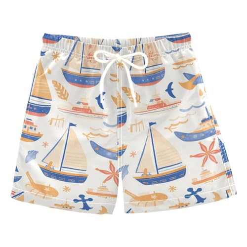 Foiosoh - Traje de baño elástico para niños, de secado rápido, pantalones cortos de playa, 2T con patrón de mar pequeño, Barco marino azul profundo, 3 años