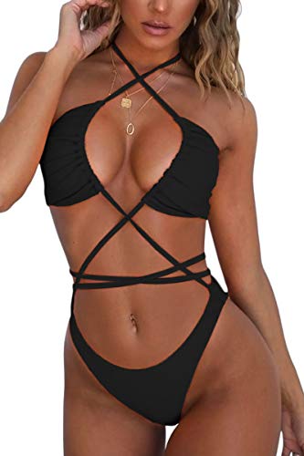 QINSEN Sexy Bikini Swimsuit for Women Strap Criss Cross Two Piece Bathing Suit Cheeky Bottom Black S