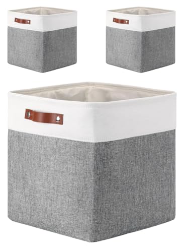 Mangata 25|28|30|33 cm Boite Rangement Tissu, 28x28x28 cm Cube Rangement, Lavable, Pliable, Lot de 3, Gris Blanc