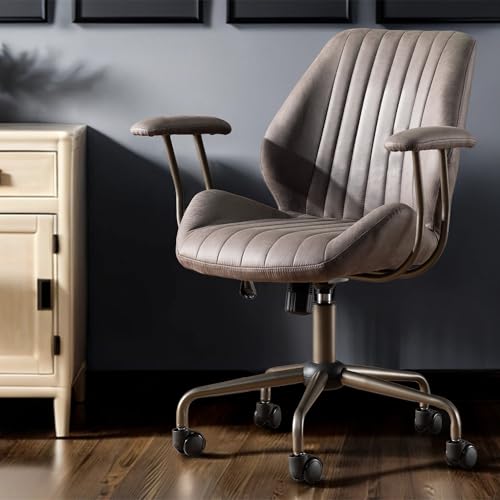 Image of Mid Back Home Office Chair, Mid Century Modern Executive Chair, Comfy Ergonomic Rolling Office Desk Chair with Lumbar Support, Faux Leather Office Chair, Dark Gray