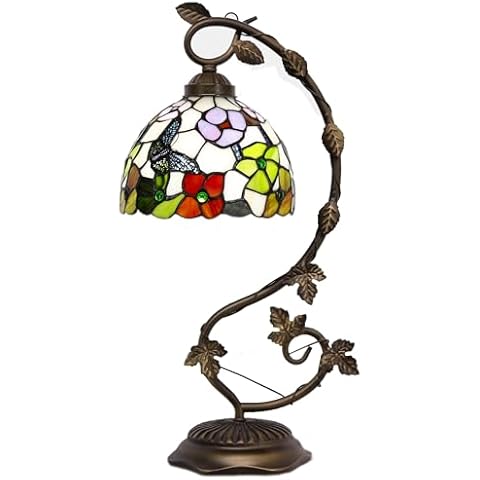 ZJART Tiffany Lamp Butterfly Flowers Stained Glass Table Lamp Metal Leaf Desk Reading Light 8X10X21 Inch Decor Small Space Bedroom Home Office Cover