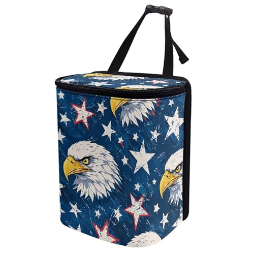 Image of Talayituse Eagle American Flag Print Car Trash Bin, Large Size Auto Trash Can Adjustable Portable Garbage Can with Lid, Vehicle Hanging Bag for Headrest Front Back Seat 4th of July Decor
