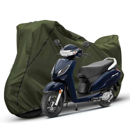 Image of Waterproof Bike Body Cover Compatible with Honda Activa 6g Dustproof Scratchproof - Motorcycle Cover for Two Wheeler, Outdoor Full Cover with UV, Duty, Rain Protection (Olive with Black) R1