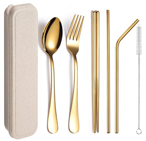 XIAOYU Conjunto de talheres reutilizáveis portáteis de 6 peças, conjunto de talheres de aço inoxidável, conjunto de utensílios de viagem, inclui pauzinhos, garfo, colher, palhinhas, escova de limpeza