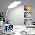 GOLSPARK Desk Lamp with Wireless Charger, LED Desk Lamps for Home Office Eye-Caring CRI 90, 3 Color Modes, Stepless Dimming Touch Table Lamp, Study Small White Lamp with Pen Holder for College Dorm