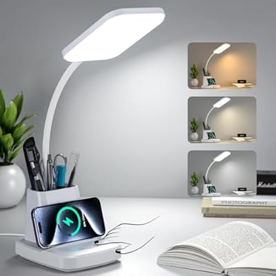 GOLSPARK Desk Lamp with Wireless Charger, LED Desk Lamps for Home Office Eye-Caring CRI 90, 3 Color Modes, Stepless Dimming Touch Table Lamp, Study Small White Lamp with Pen Holder for College Dorm